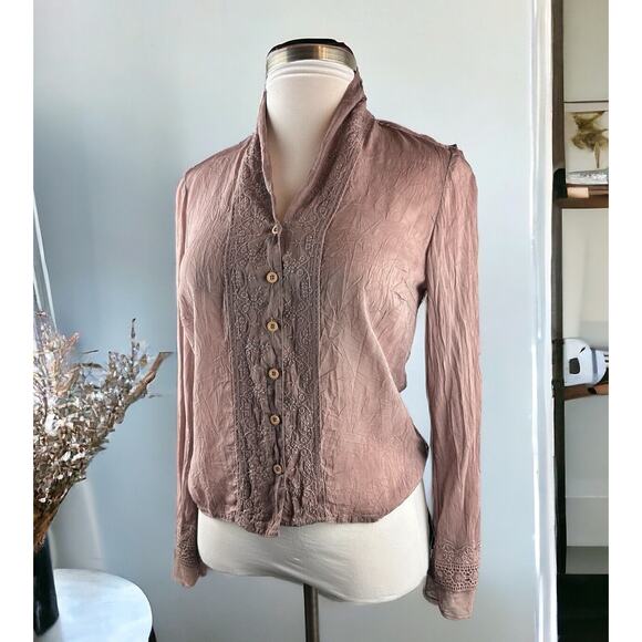 Johnny Was Tops - Johnny Was Embroidered Button Blouse Boho Crinkle Cotton Rayon Top Mauve Small